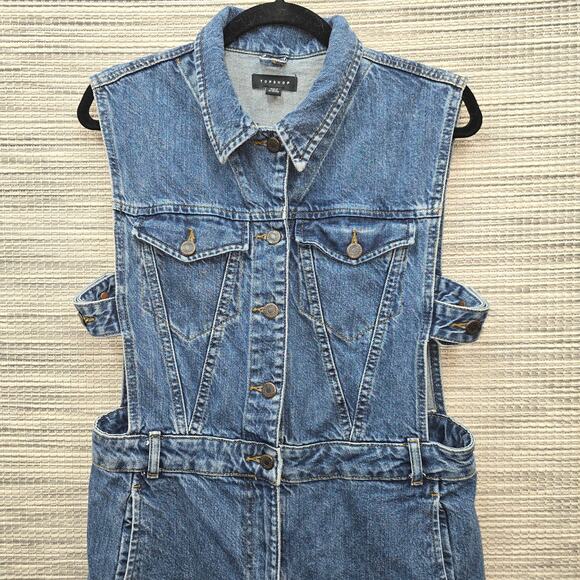 Topshop Denim Jumpsuit Womens 10 Side Cut-Out Bohemian Western Cowgirl Festival - Picture 4 of 9